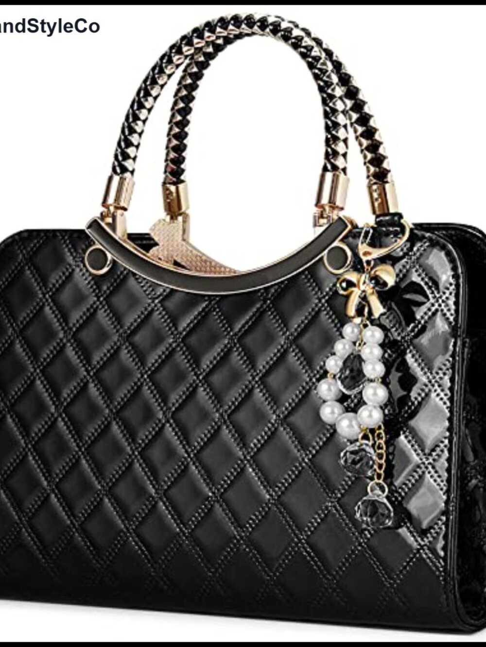 Women's Faux Leather Patent Satchel Handbag with Pearl Charm - Crossbody
